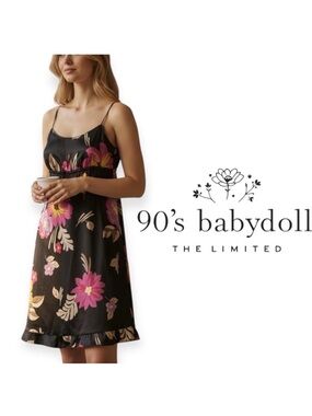 Vintage 90’s black floral babydoll silky slip dress The Limited size 4 CBK